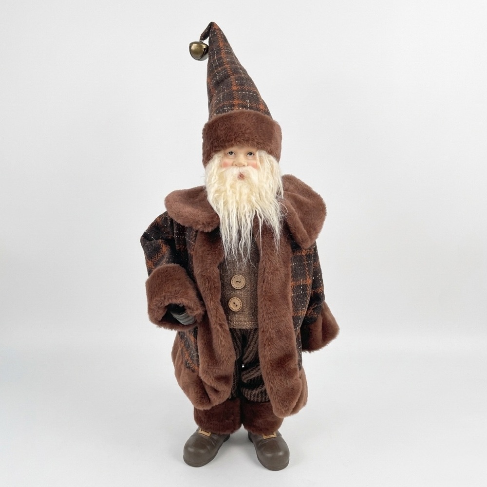 Father Christmas Rustic Brown Plaid Santa Claus Doll Faux Fur Trim Holiday Decor